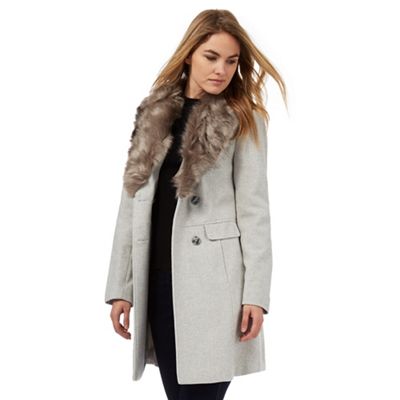 Grey twill faux fur collar coat